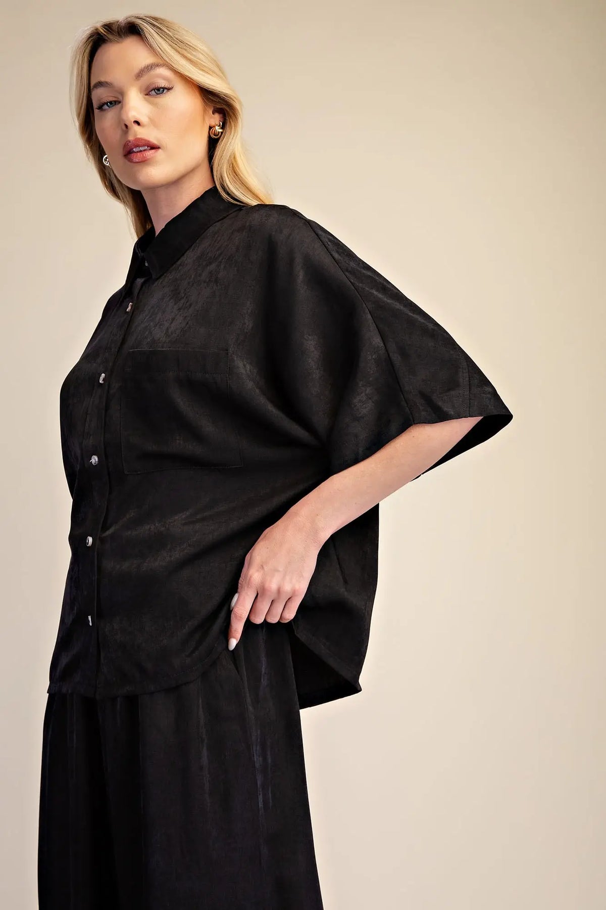 Button Down Black Flowy Shirt With Dolman Sleeve & Drawstring Wide Leg Pants Set