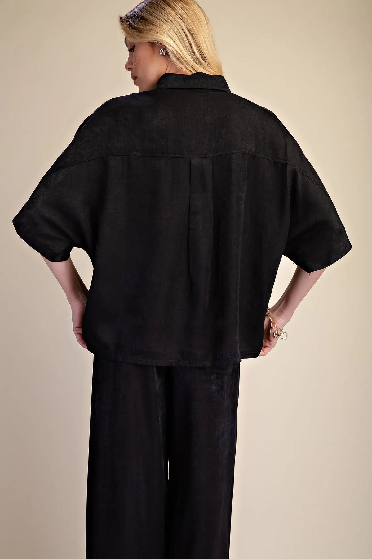 Button Down Black Flowy Shirt With Dolman Sleeve & Drawstring Wide Leg Pants Set