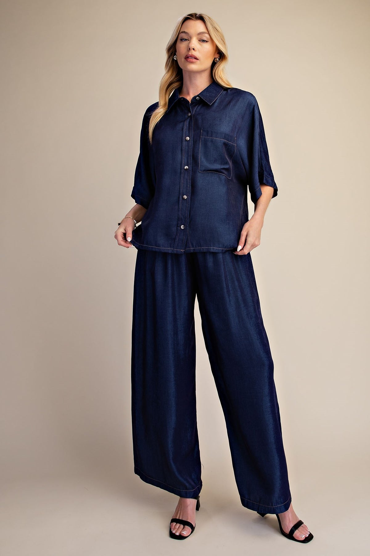 Button Down Indigo Flowy Shirt With Dolman Sleeve & Drawstring Wide Leg Pants Set