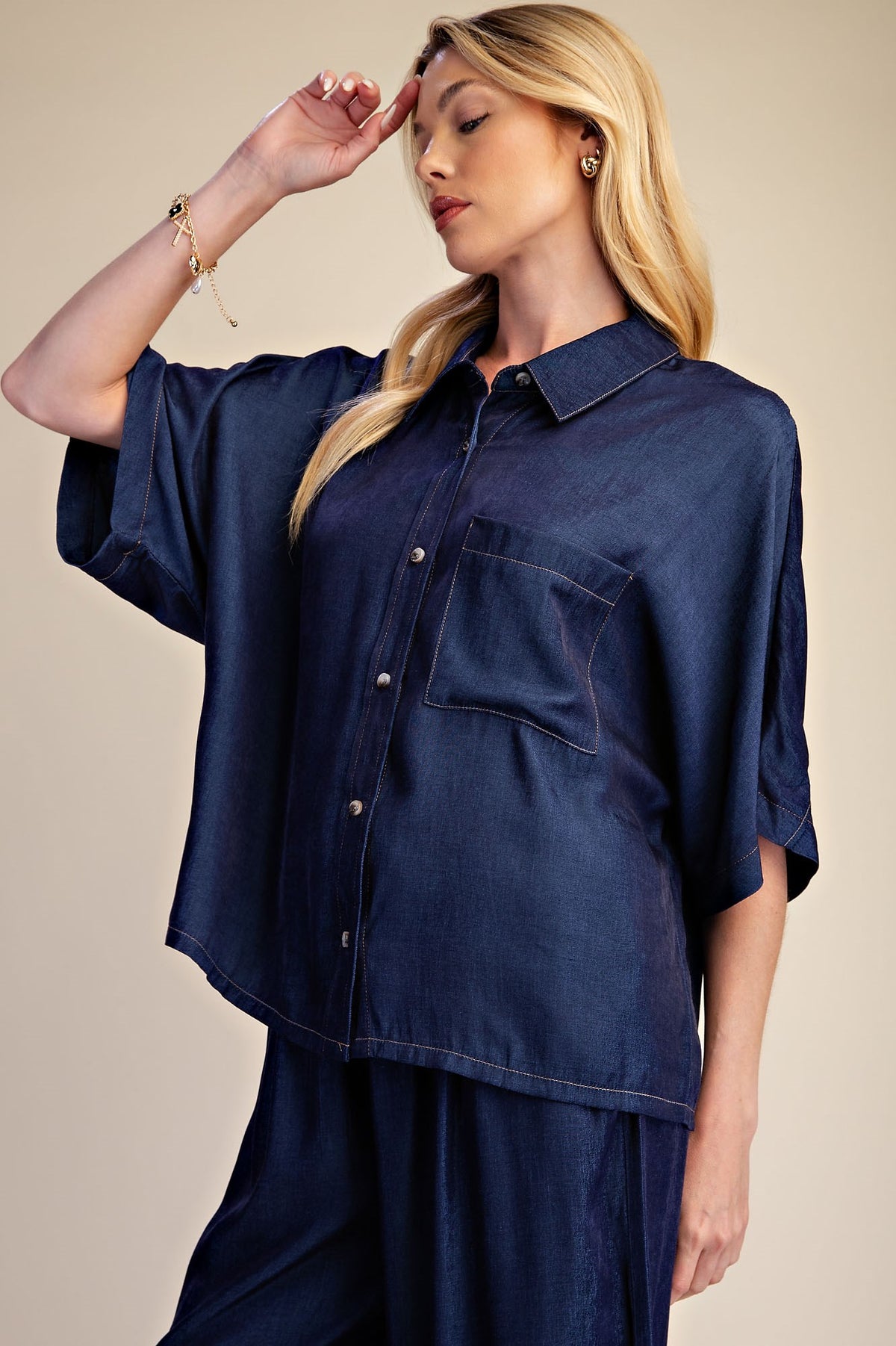 Button Down Indigo Flowy Shirt With Dolman Sleeve & Drawstring Wide Leg Pants Set
