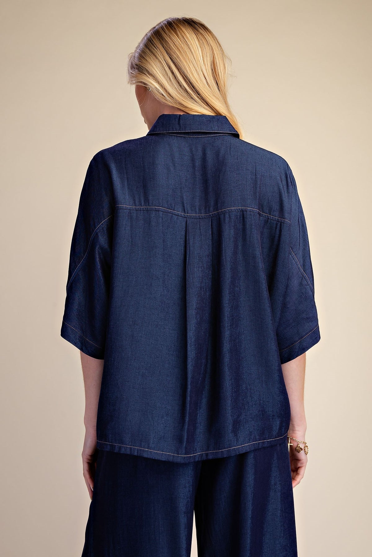 Button Down Indigo Flowy Shirt With Dolman Sleeve & Drawstring Wide Leg Pants Set