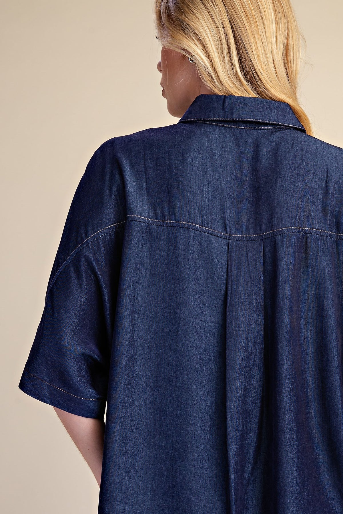 Button Down Indigo Flowy Shirt With Dolman Sleeve & Drawstring Wide Leg Pants Set