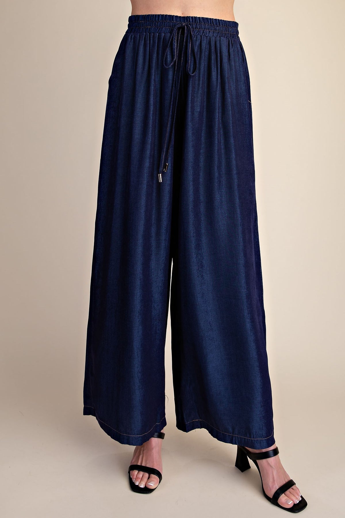 Button Down Indigo Flowy Shirt With Dolman Sleeve & Drawstring Wide Leg Pants Set