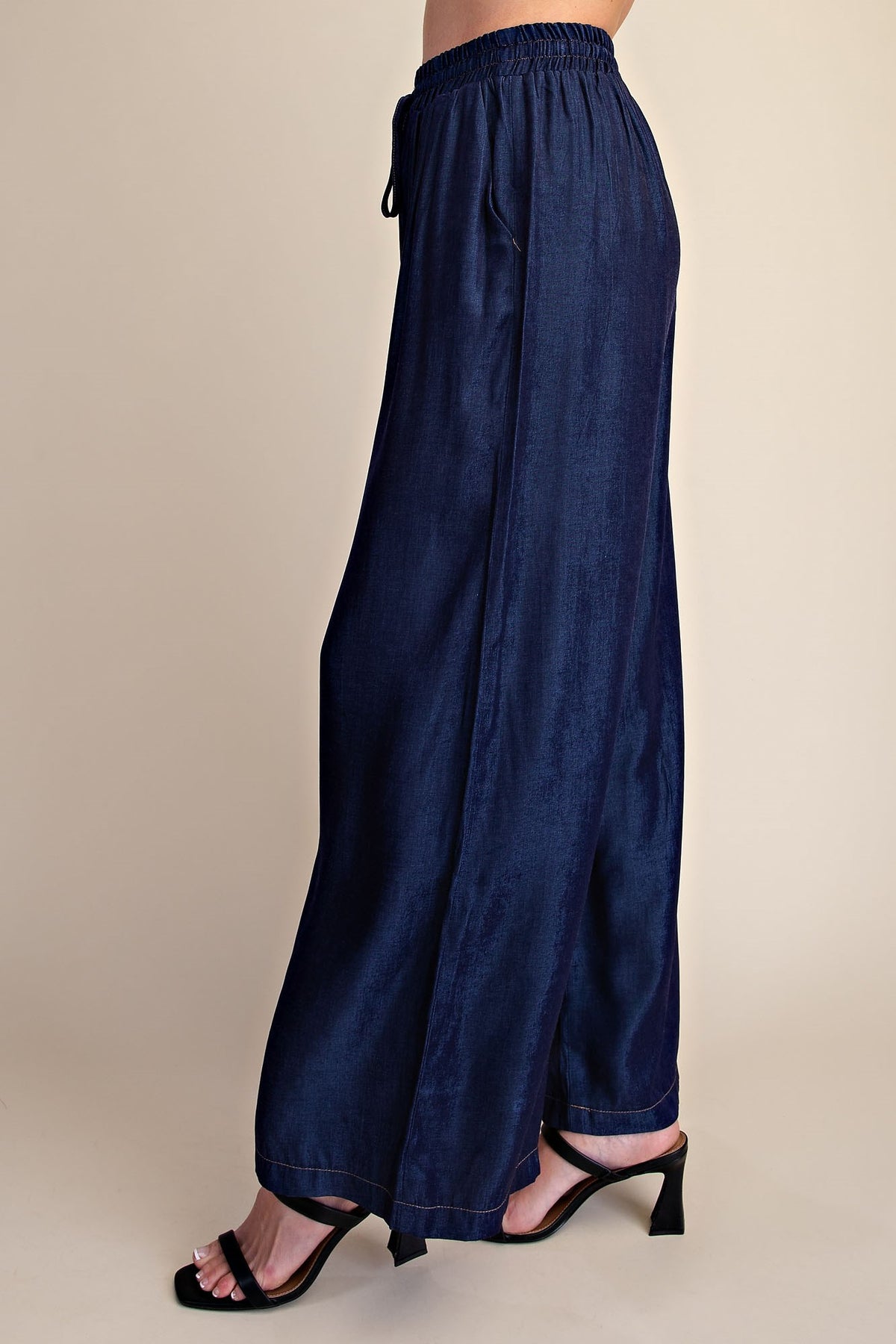 Button Down Indigo Flowy Shirt With Dolman Sleeve & Drawstring Wide Leg Pants Set