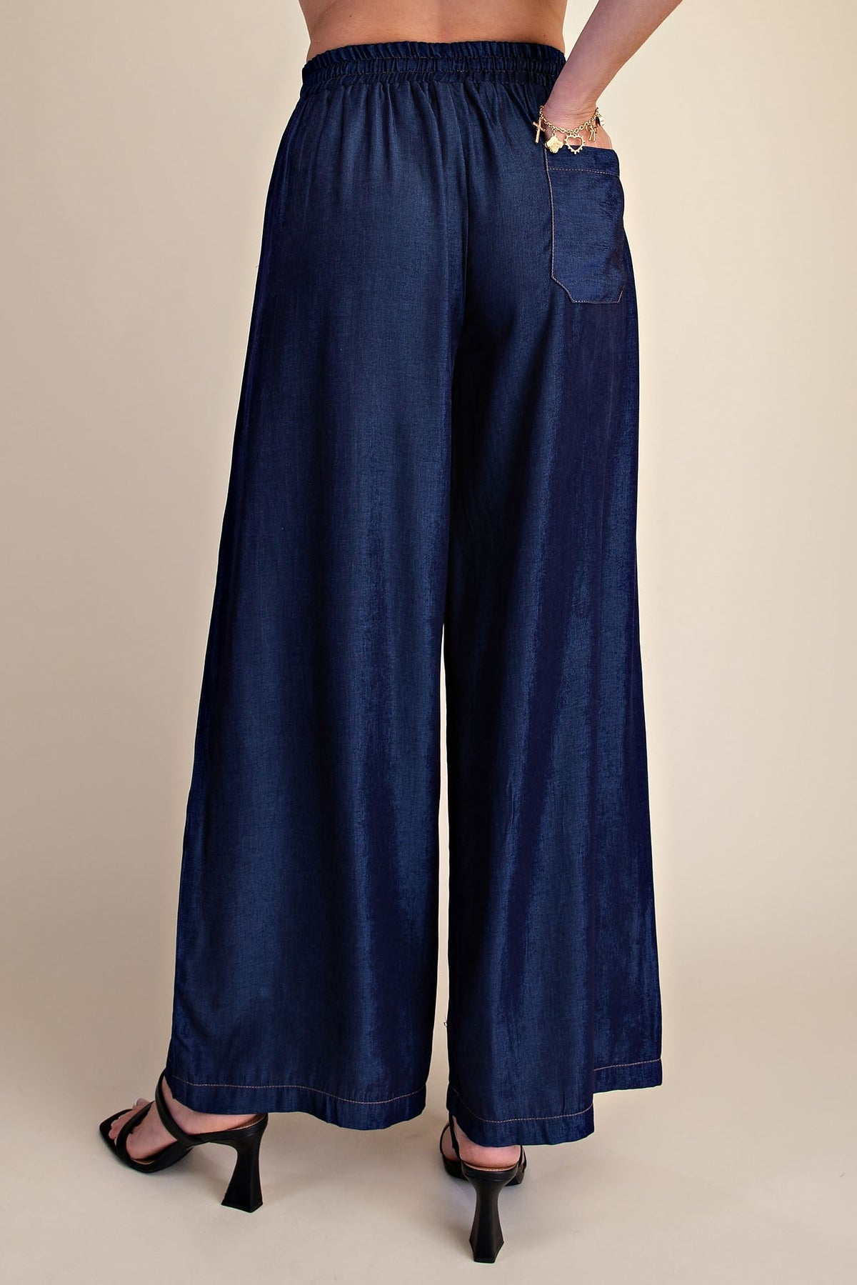 Button Down Indigo Flowy Shirt With Dolman Sleeve & Drawstring Wide Leg Pants Set