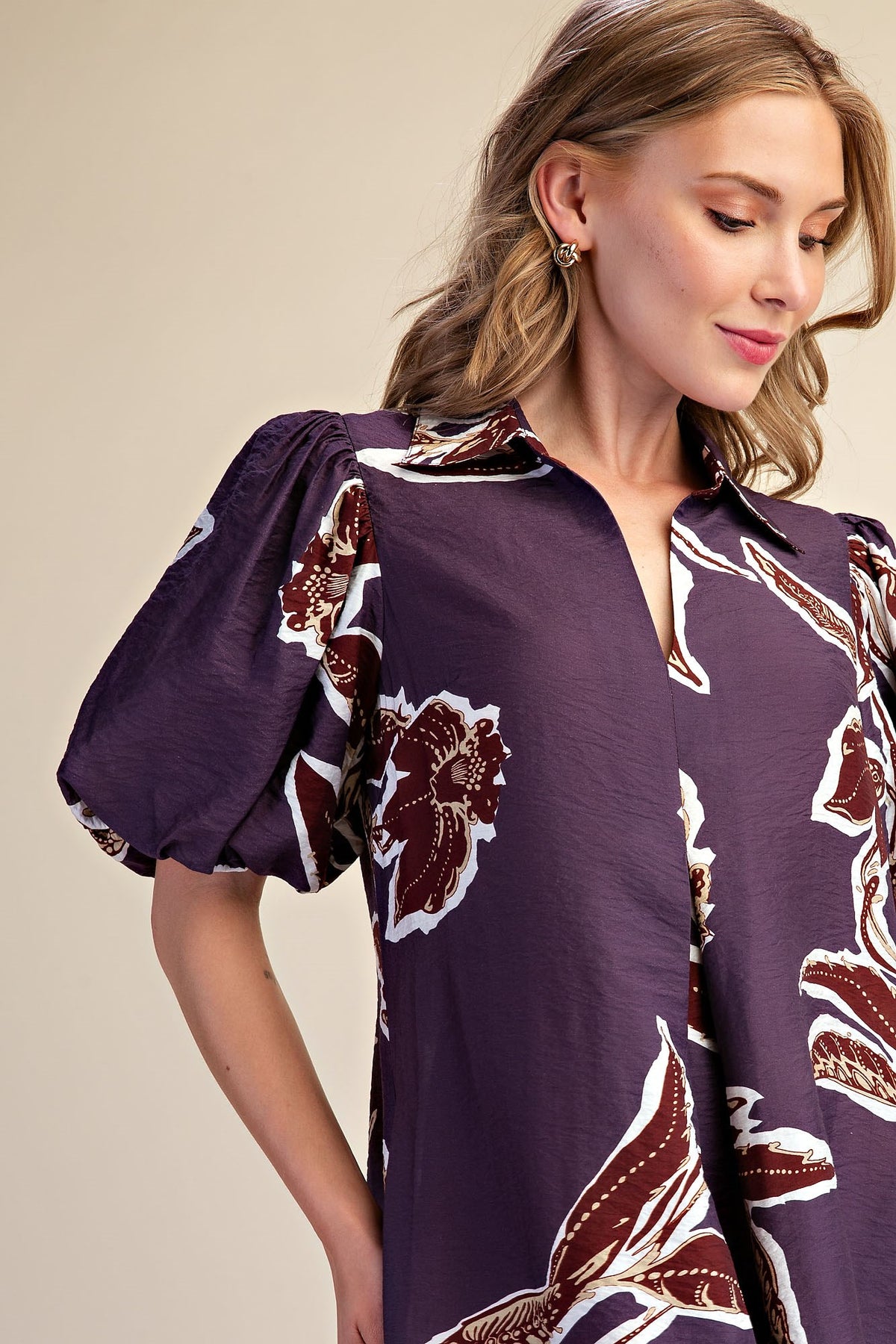 Purple Puff Sleeve Midi Dress