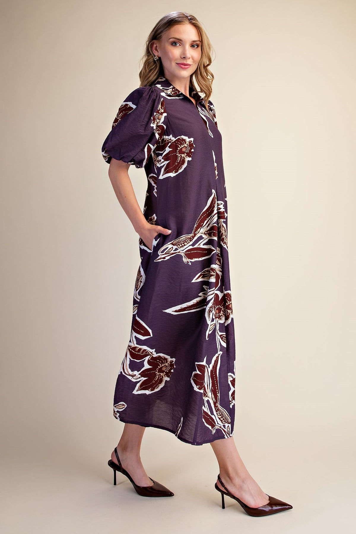 Purple Puff Sleeve Midi Dress