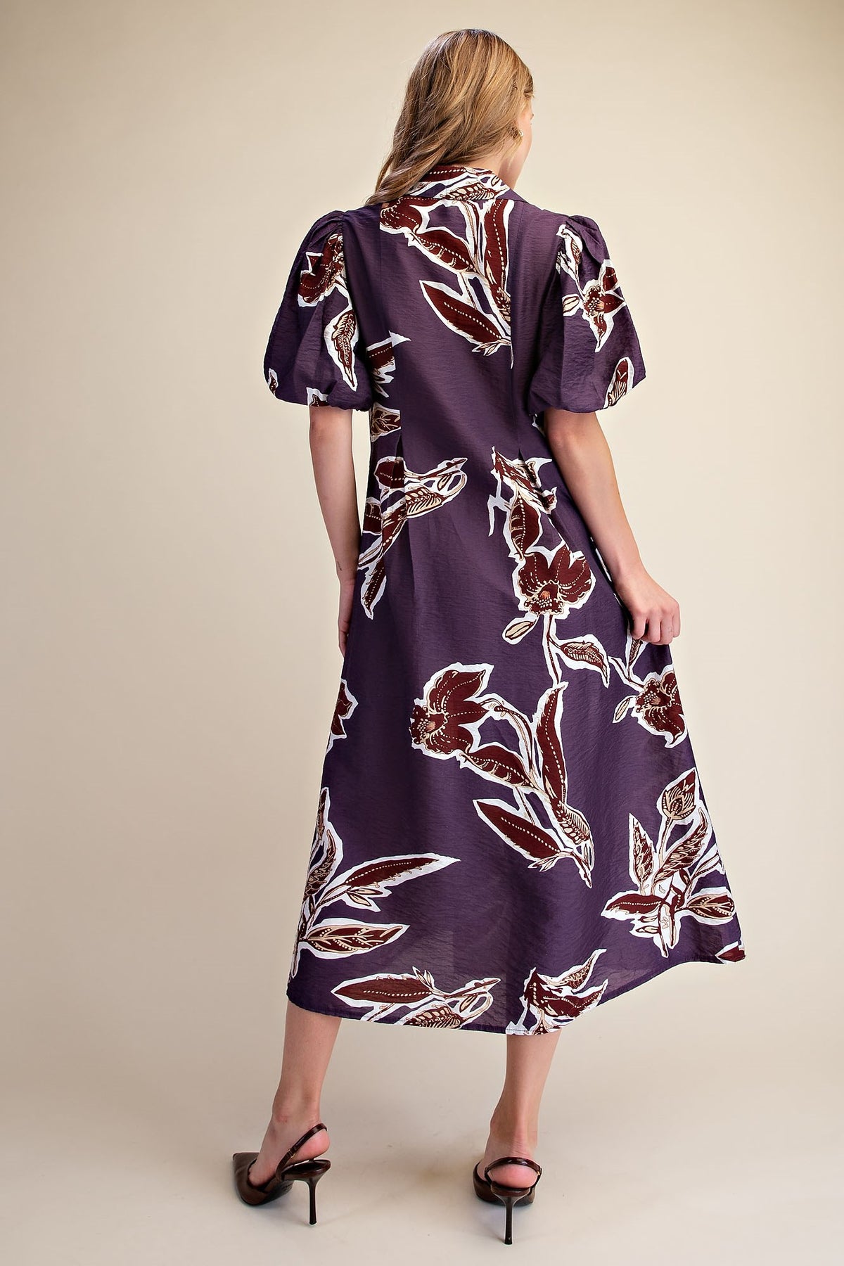 Purple Puff Sleeve Midi Dress