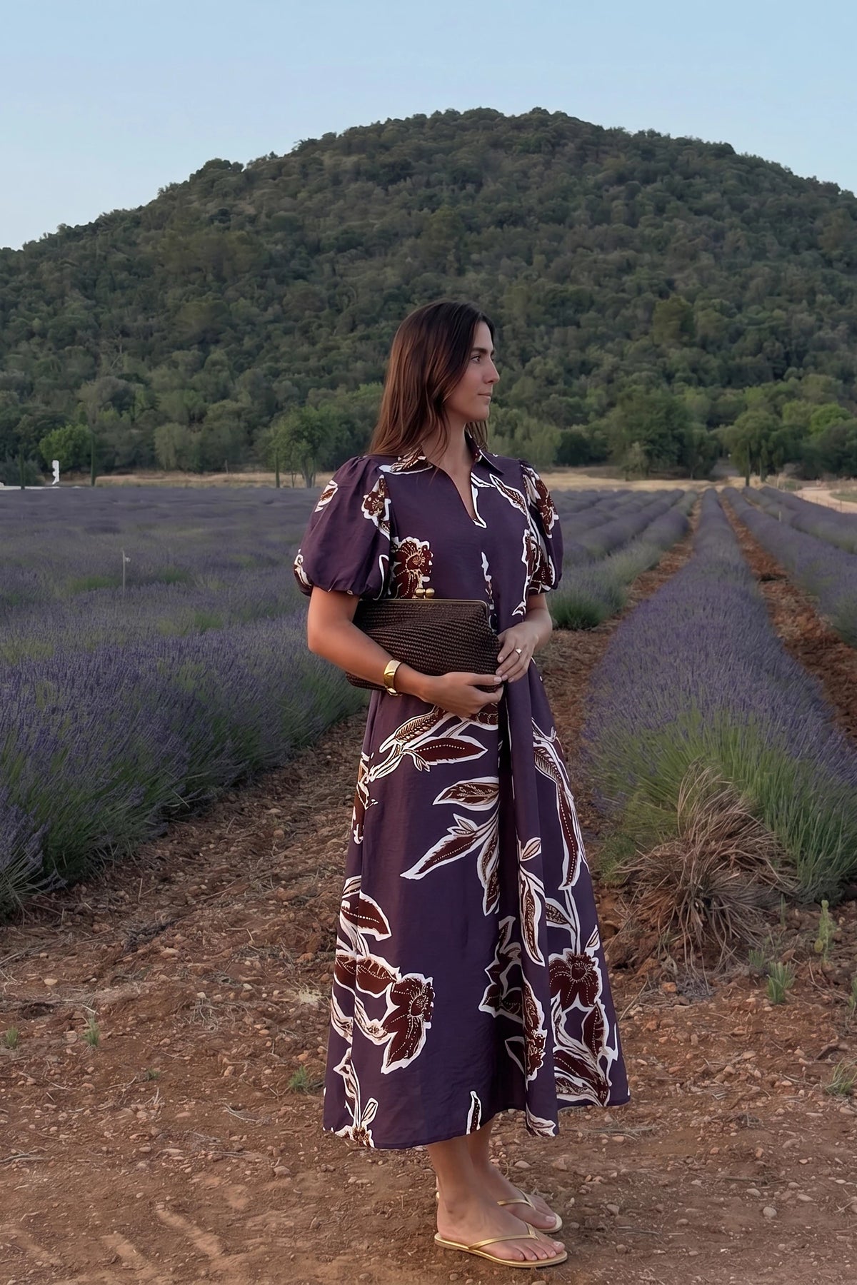 Purple Puff Sleeve Midi Dress