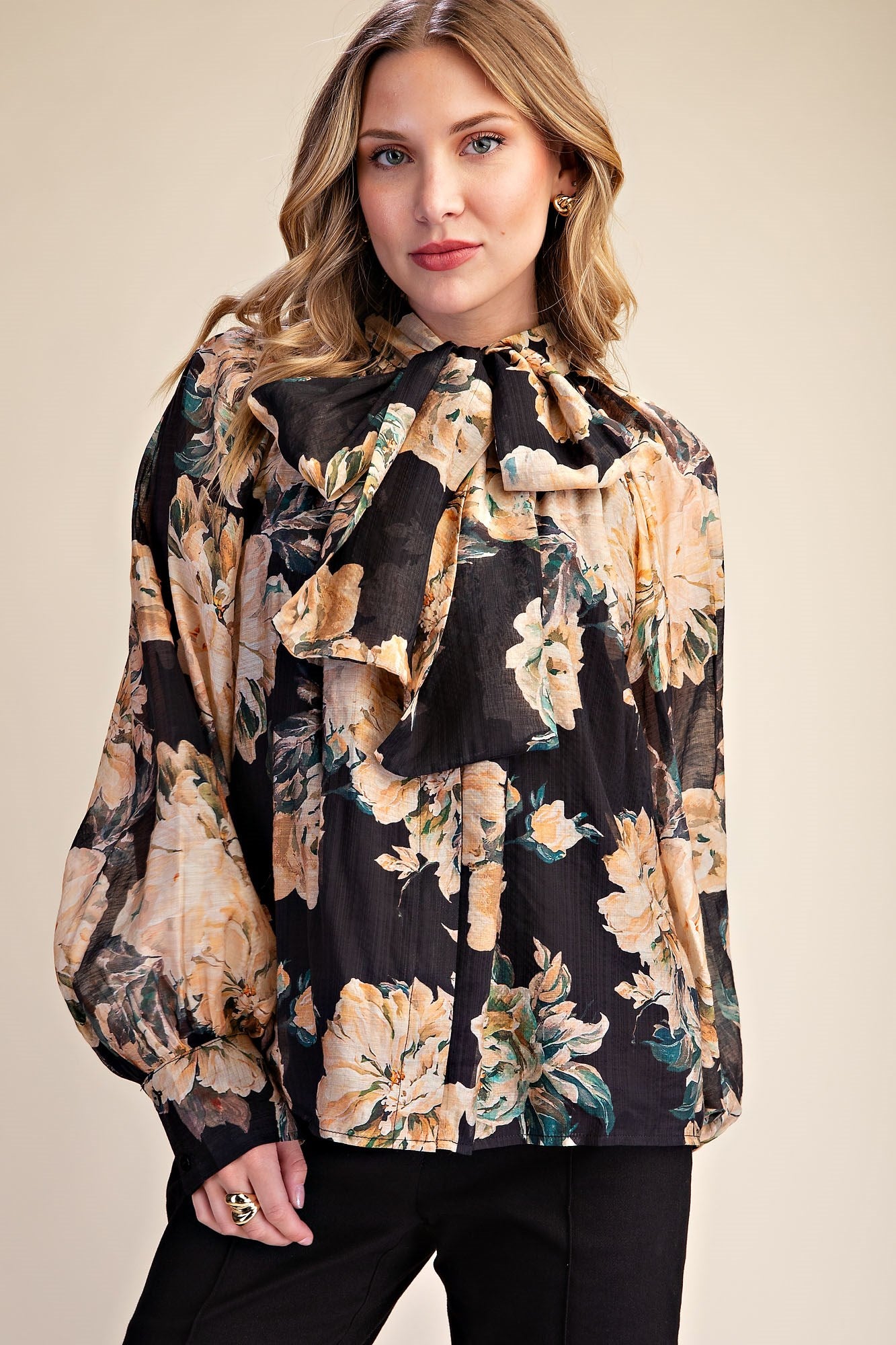 Flower Print Tie-Neck Blouse
