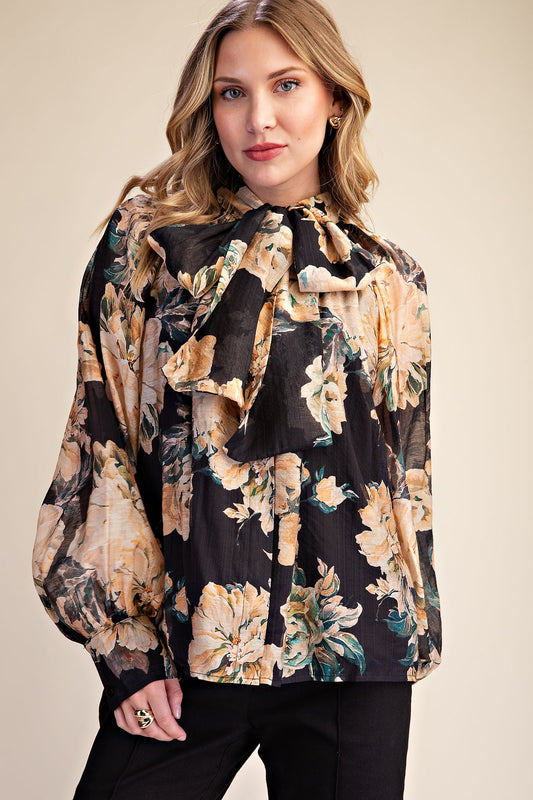 Flower Print Tie-Neck Blouse