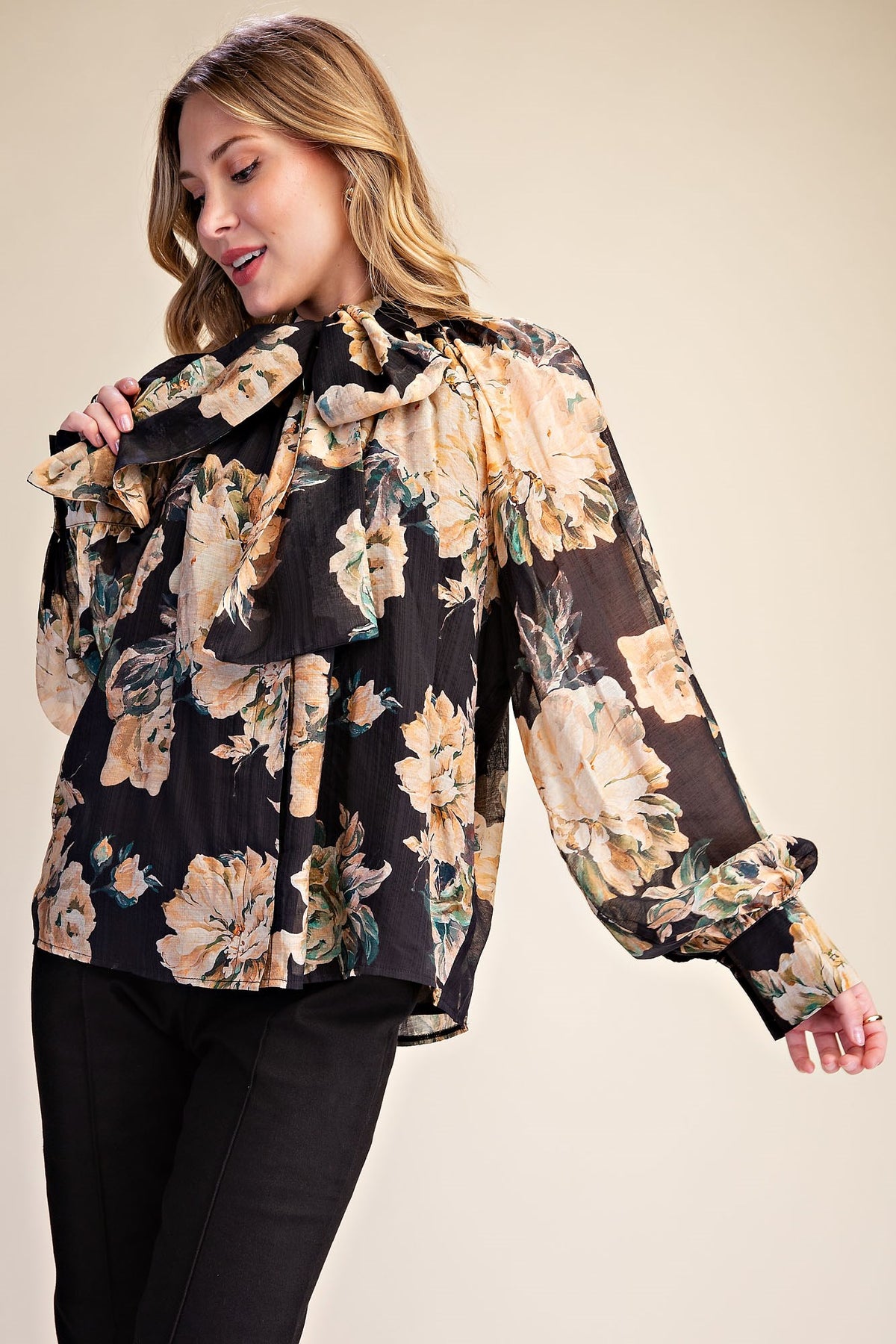 Flower Print Tie-Neck Blouse
