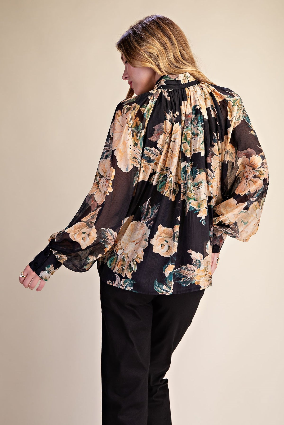 Flower Print Tie-Neck Blouse