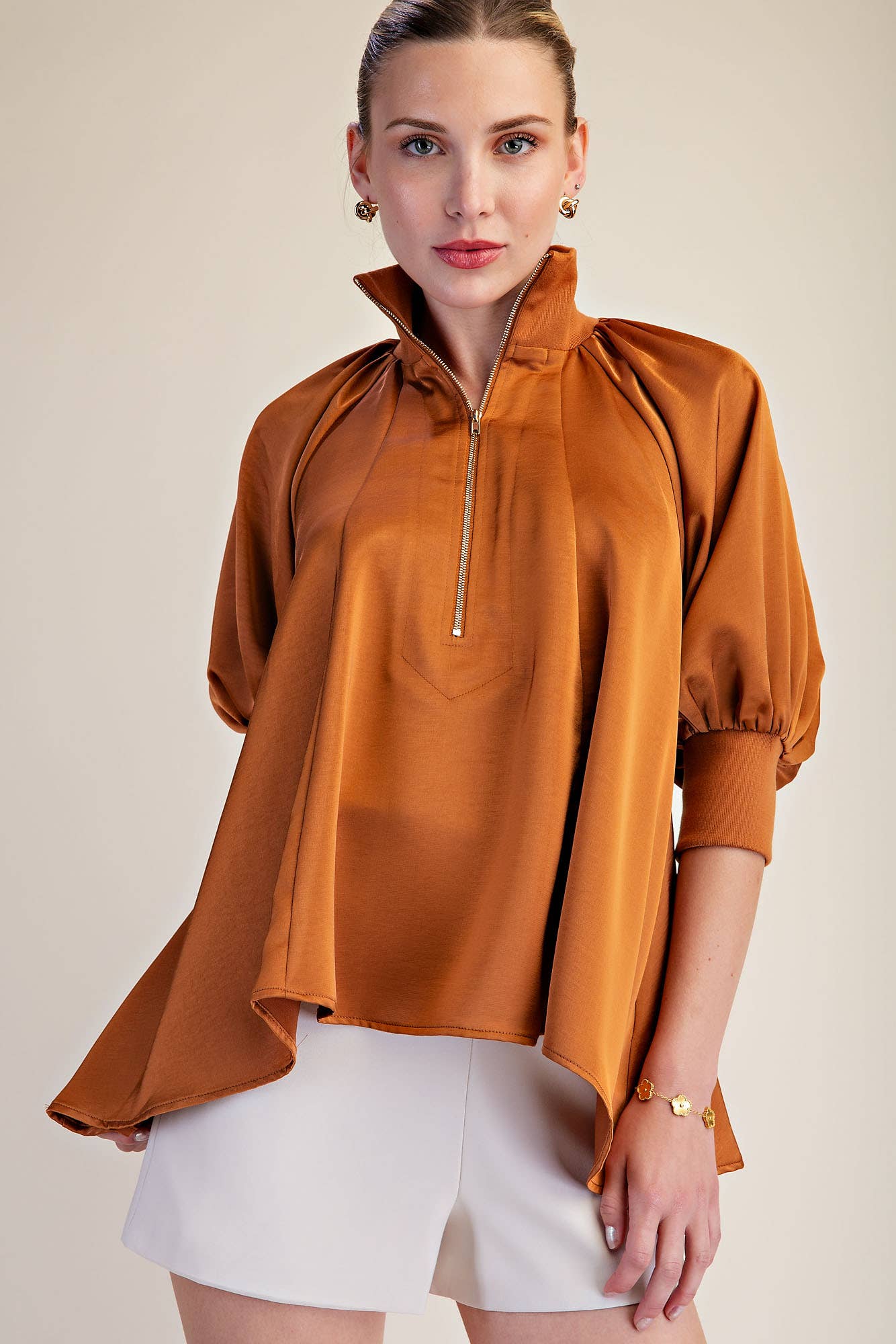 Mock Neck Band Half Zip Puff Elbow Sleeve Blouse