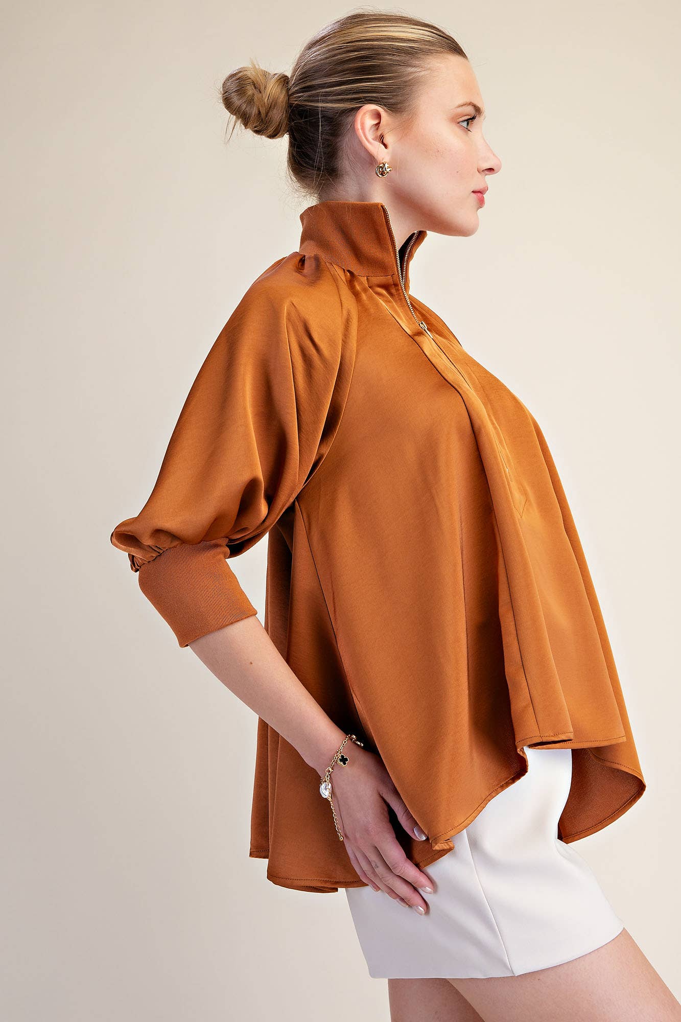 Mock Neck Band Half Zip Puff Elbow Sleeve Blouse