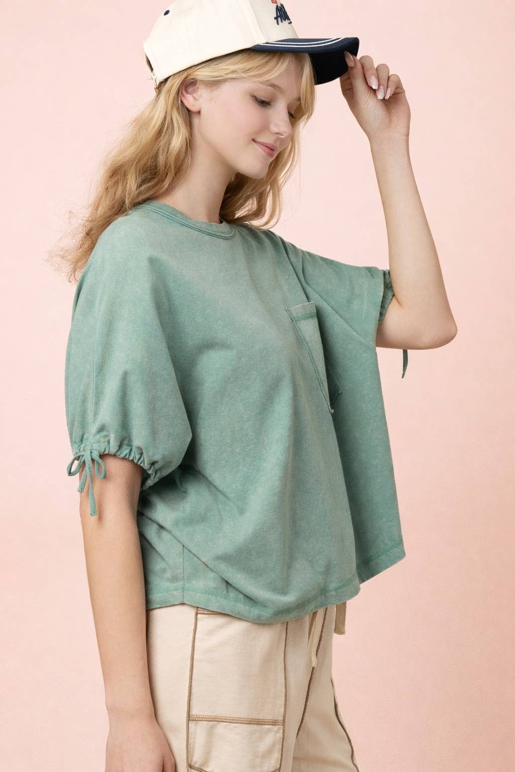 Mineral Washed Sleeve Tie Detail Knit Top