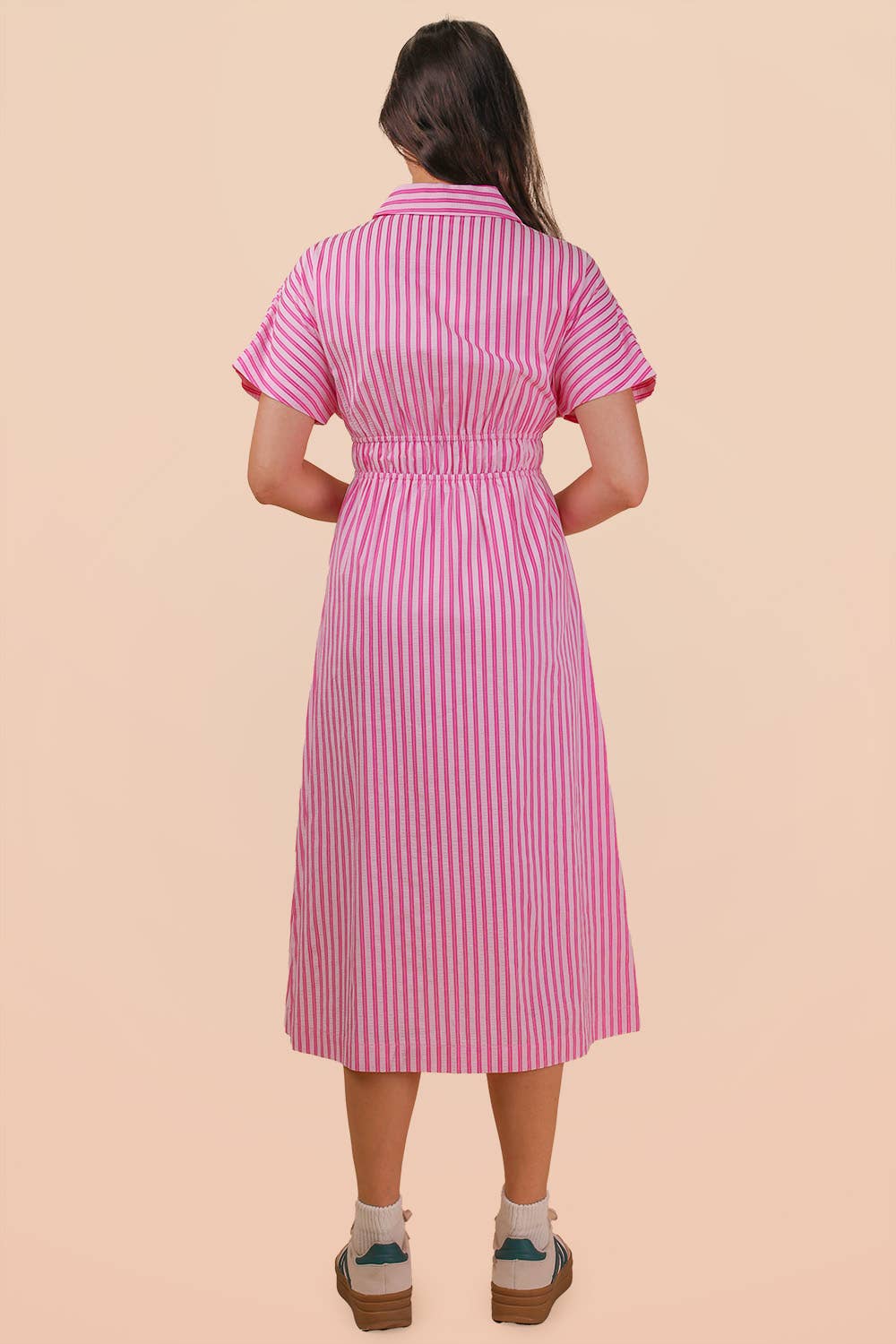Candy Stripe Waist Pleated Midi Shirt Dress