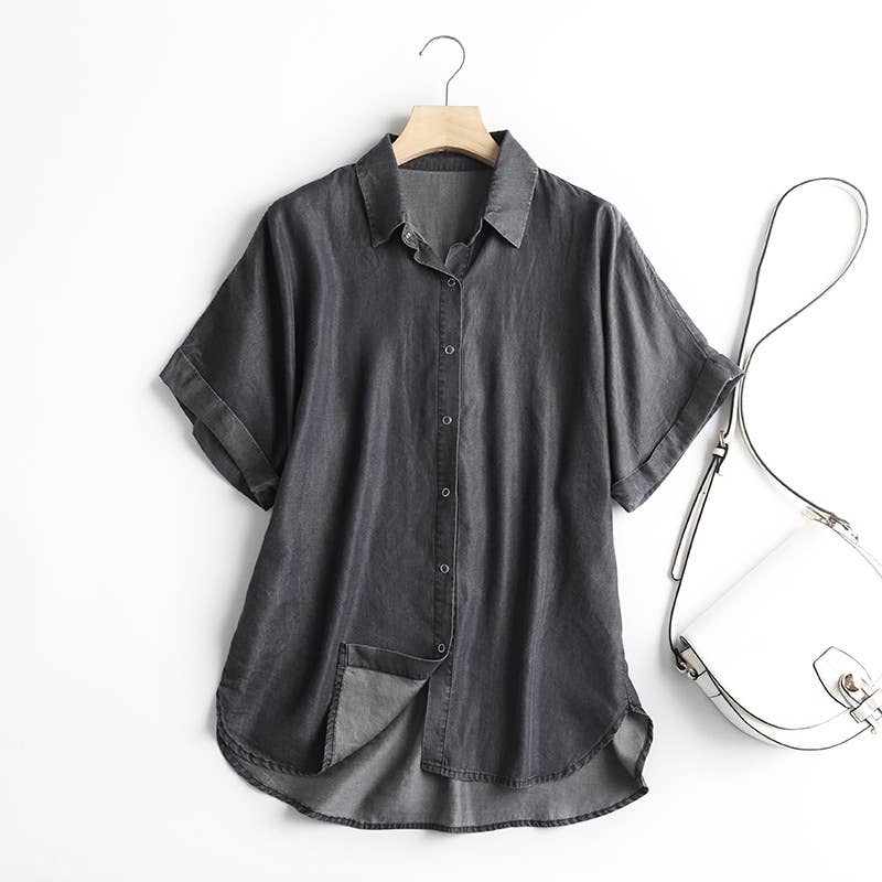 Soft Black denim button-down short sleeve shirt
