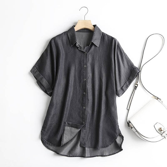 Soft Black denim button-down short sleeve shirt