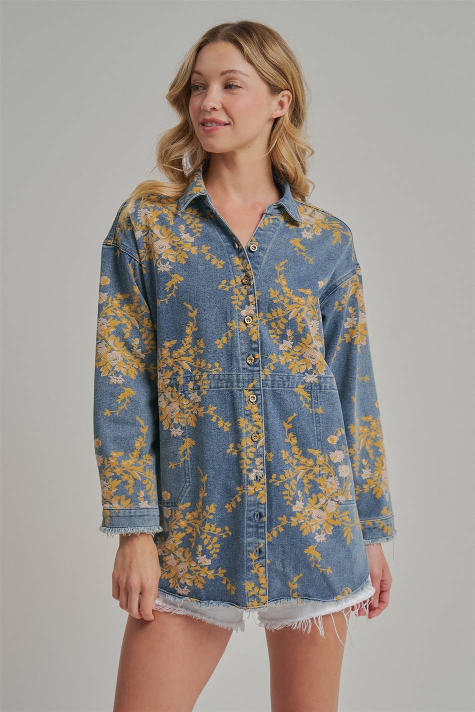 FLORAL DENIM RELAXED SHIRT TOP WITH POCKETS
