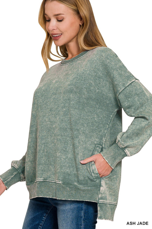 Acid Wash Fleece Hi-Low Hem Pullover(Ash Jade or Brown)