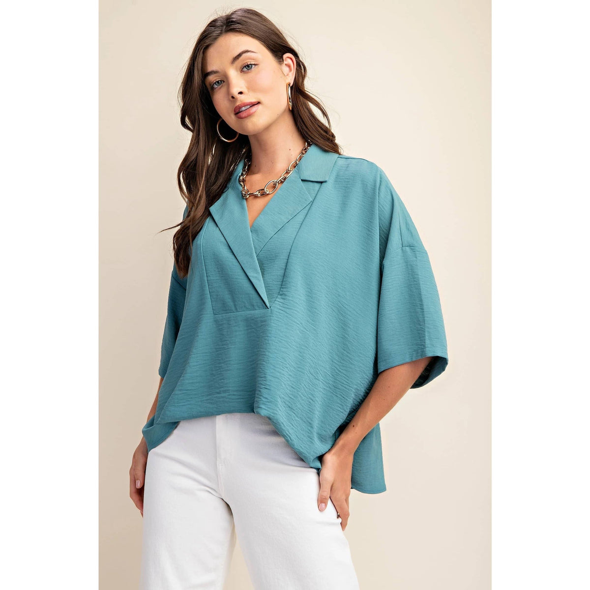 V-Neck Collared Pop Over Top-Teal or Dusty Pink
