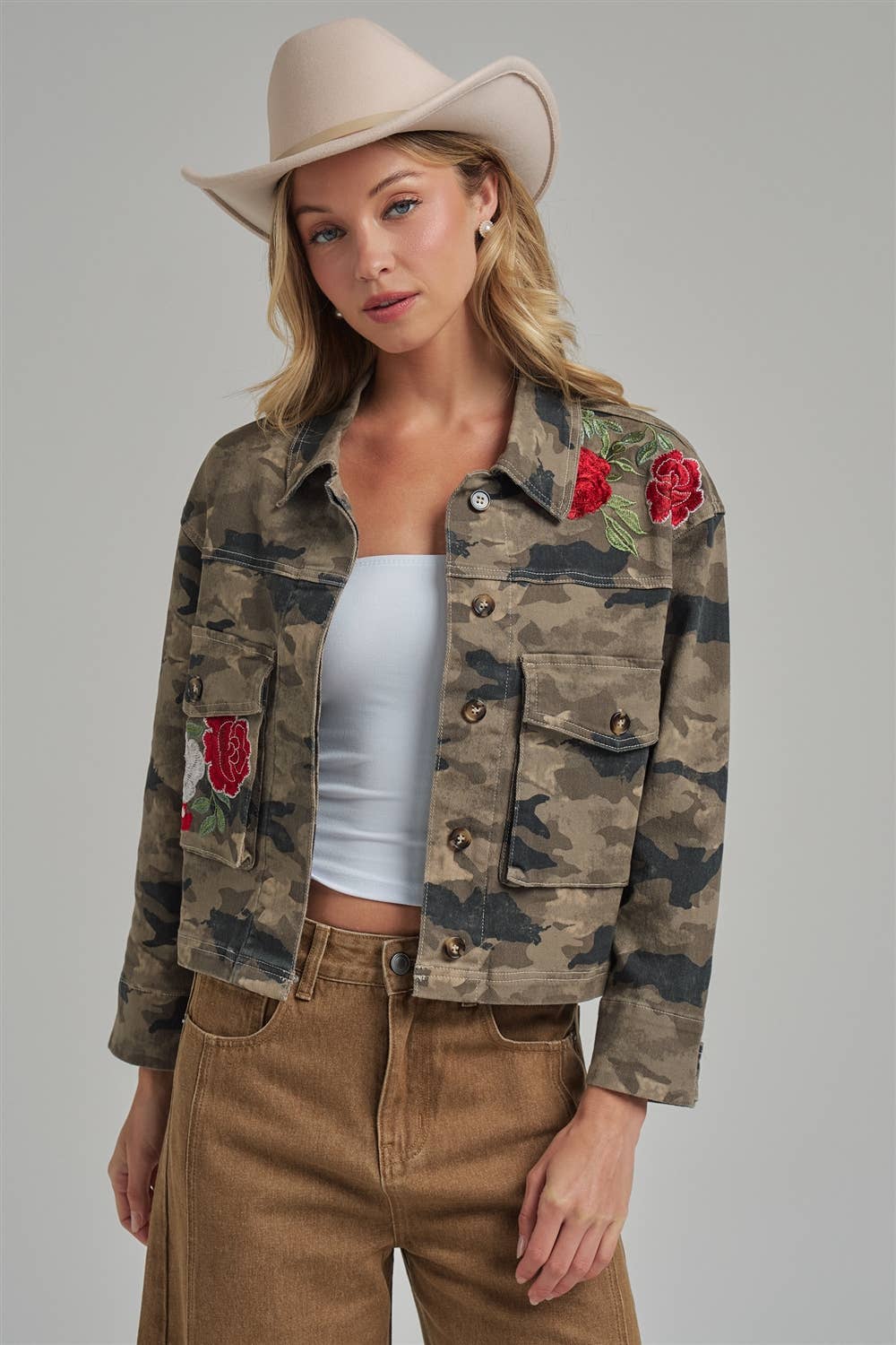 CAMOUFLAGE JACKET WITH FLORAL EMBROIDERY