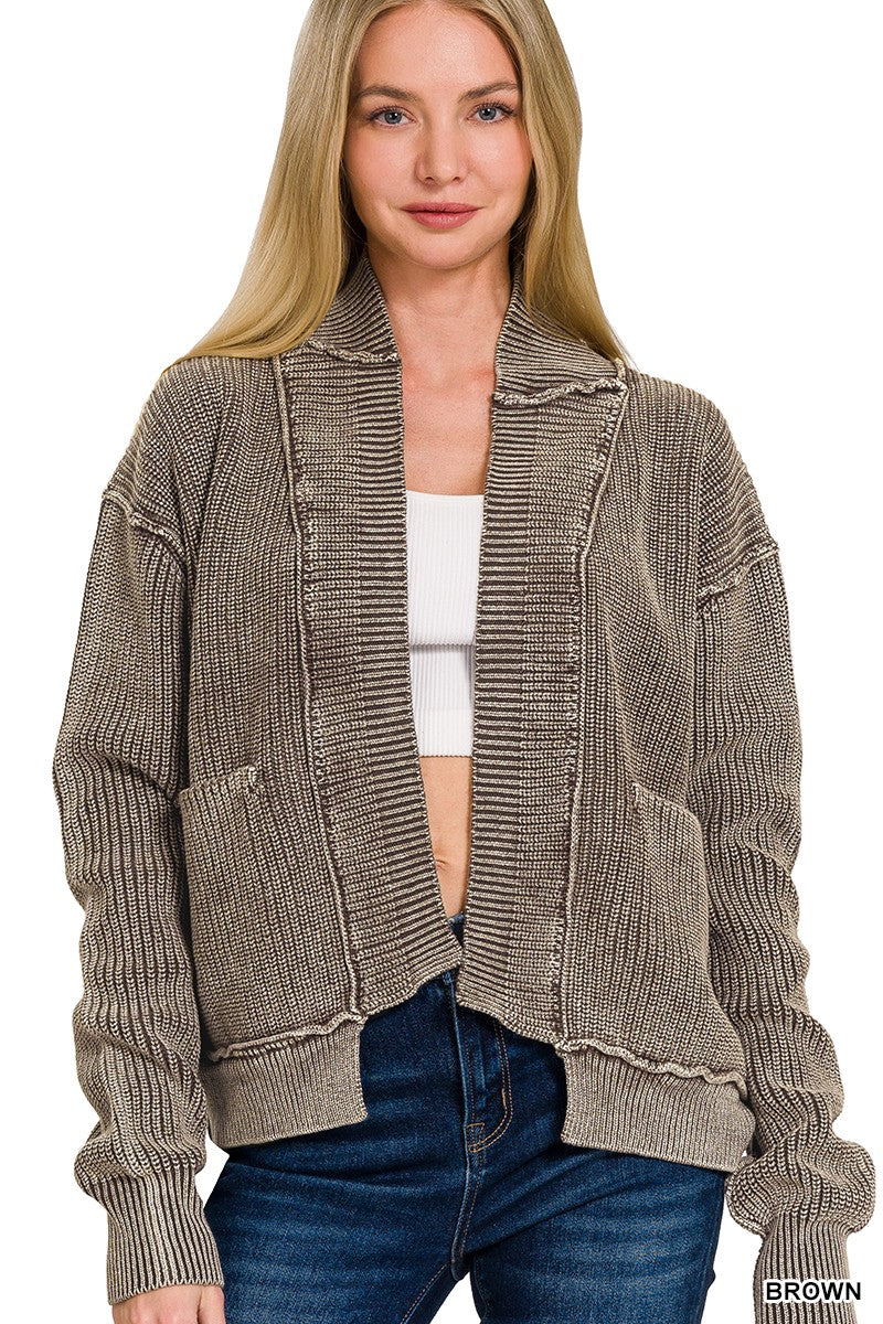 Valarie WASHED DROPPED SHOULDER CARDIGAN With SIDE POCKETS (2 Colors)