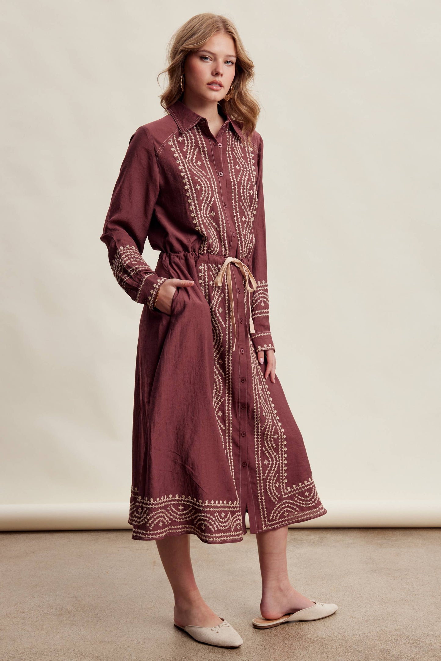 Embroidered Button Front Midi