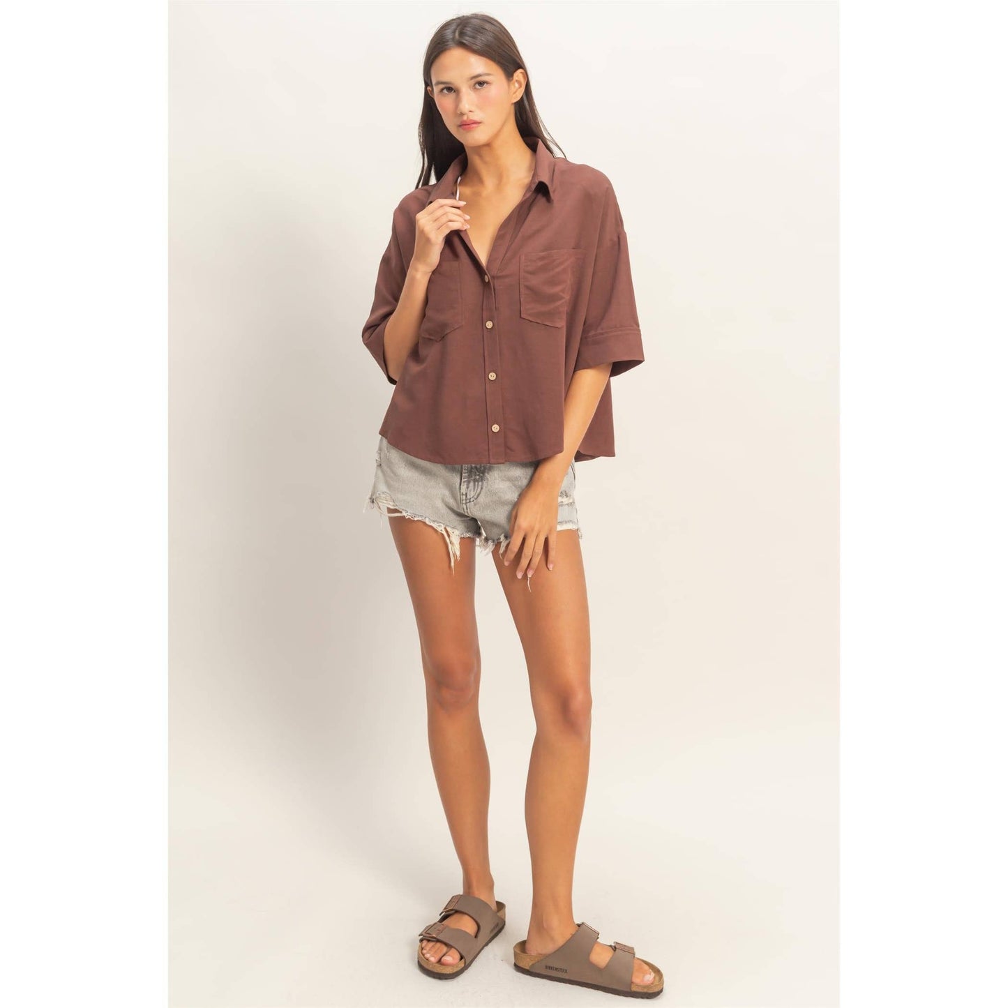 Chocolate Button-Up Collared Short Sleeve Shirt