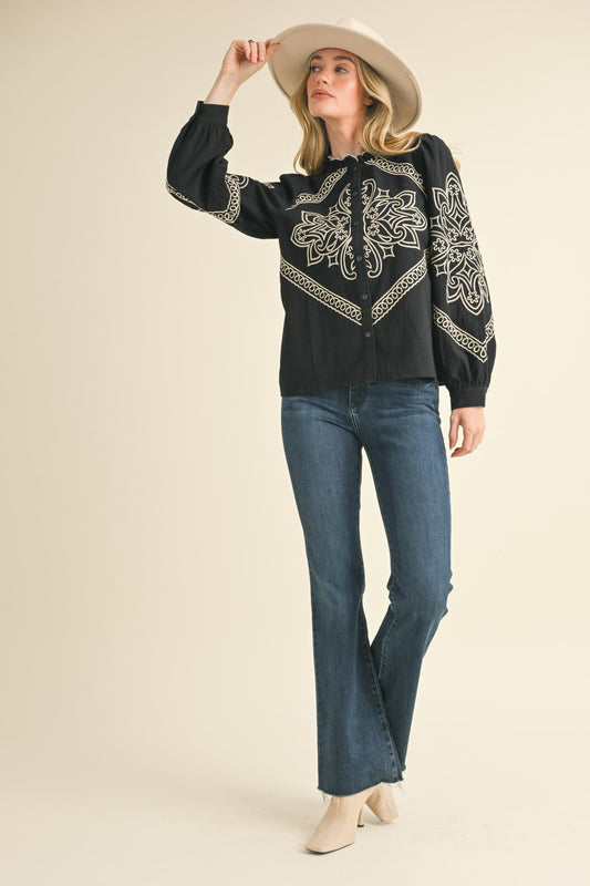 Lanie EMBROIDERED MOCK NECK BUTTON UP TOP