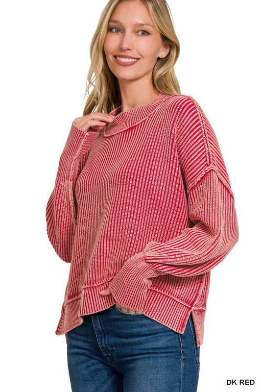 Washed Side Slit Oversized Cropped Sweater (Brown, Cabernet or Dark Red)