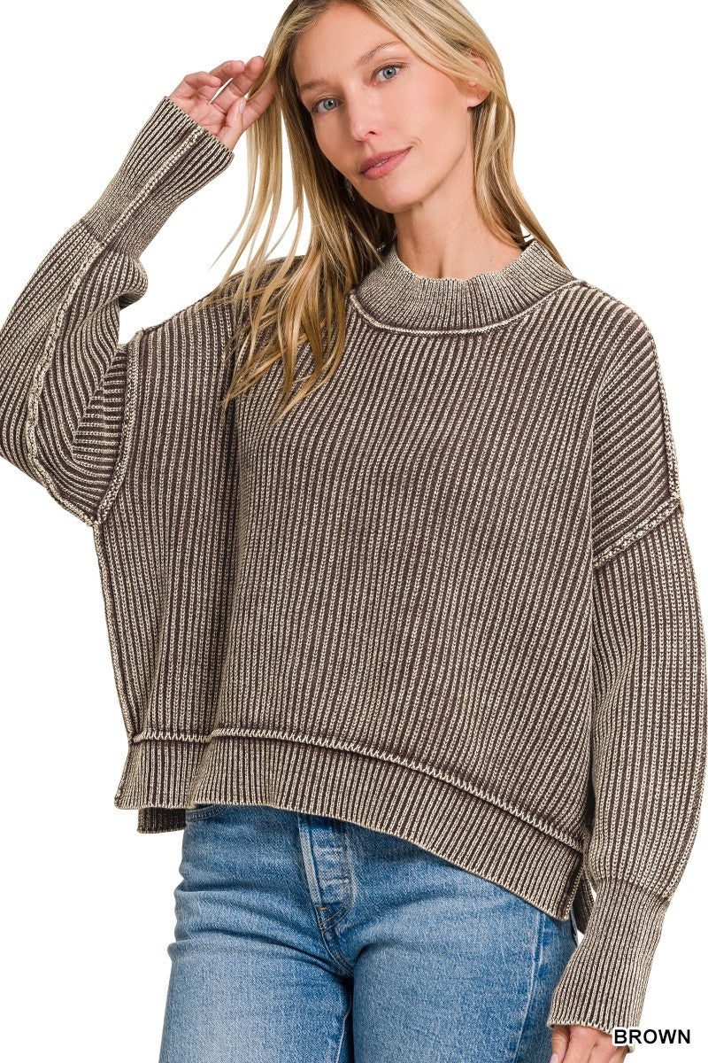 Washed Side Slit Oversized Cropped Sweater (Brown, Cabernet or Dark Red)