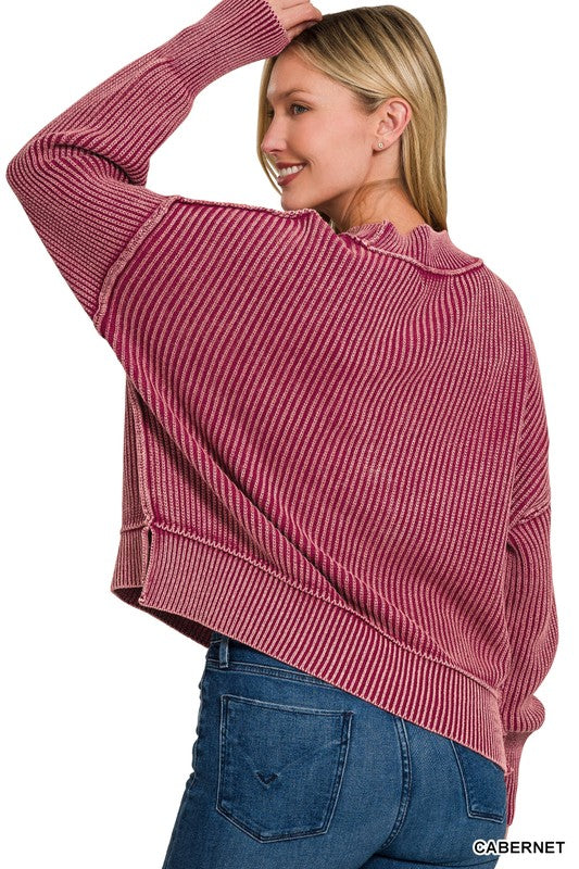 Washed Side Slit Oversized Cropped Sweater (Brown, Cabernet or Dark Red)