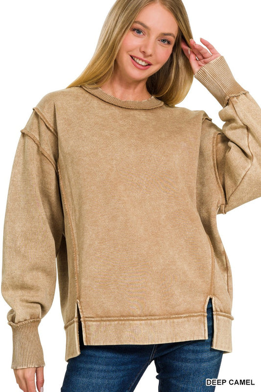 Acid Wash Exposed-seam Fleece Sweatshirt