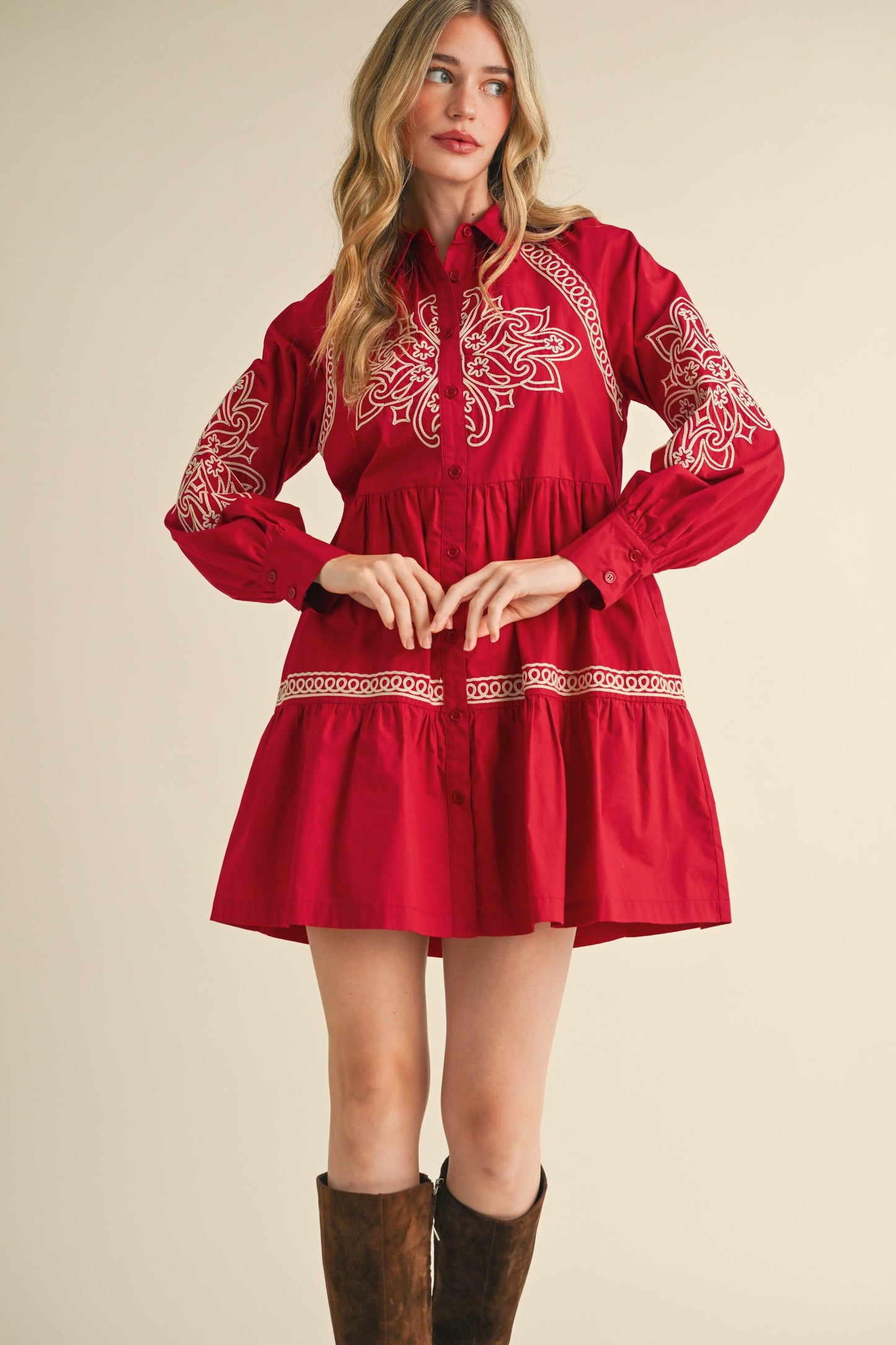 Reba EMBROIDERED BUTTON DOWN MINI DRESS