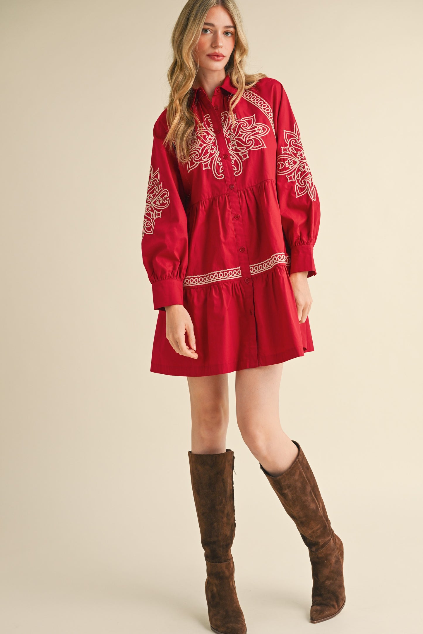 Reba EMBROIDERED BUTTON DOWN MINI DRESS