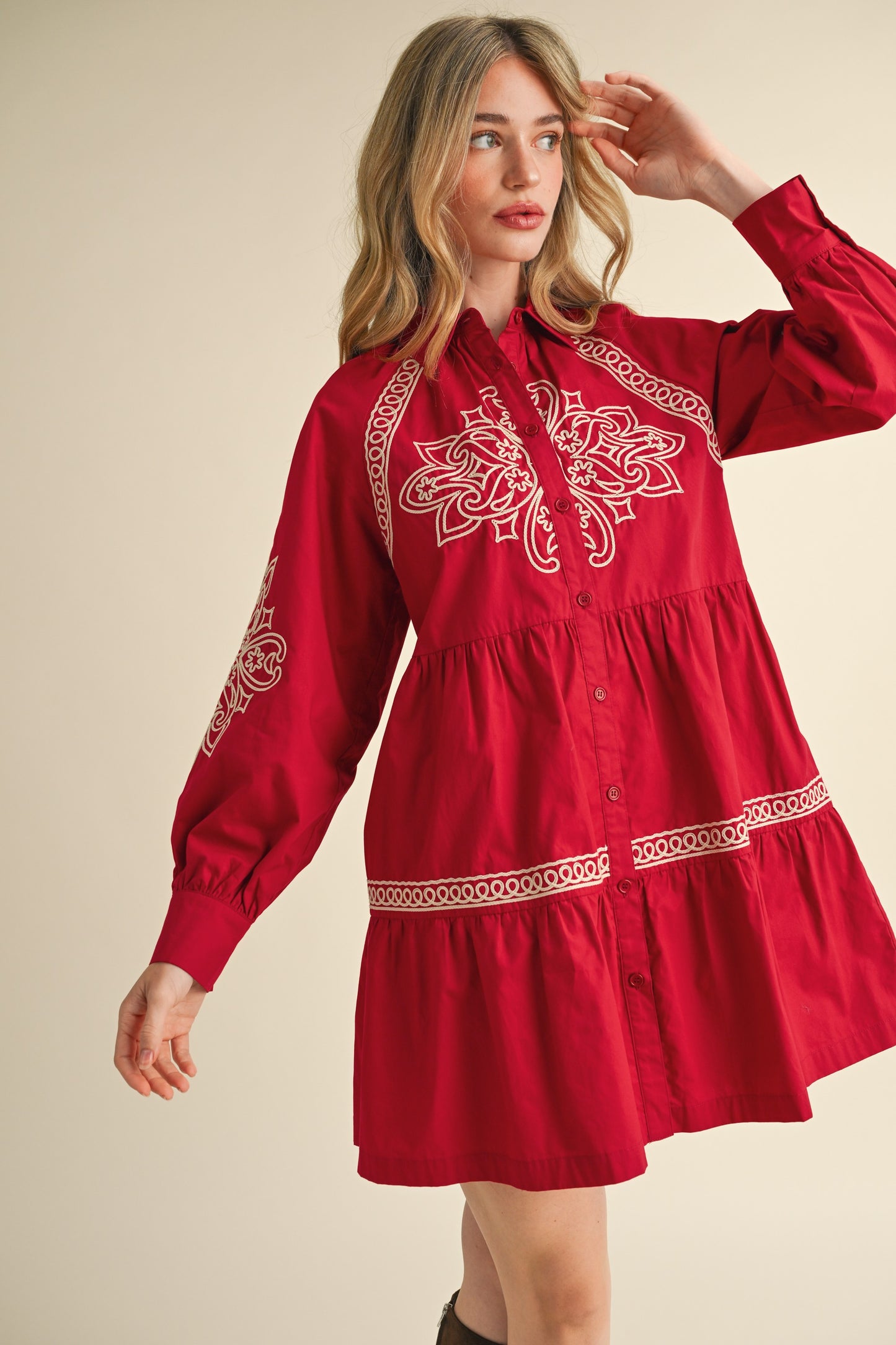 Reba EMBROIDERED BUTTON DOWN MINI DRESS