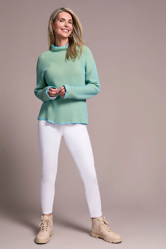 TRIBAL COMBED COTTON TWO-TONE RIB FUNNEL NECK SWEATER