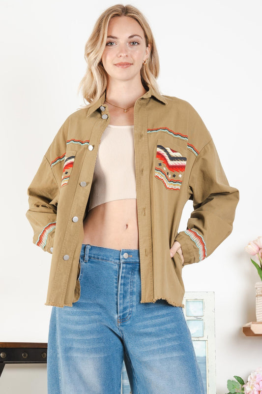 Aztec Embroidered Button Down Twill Jacket