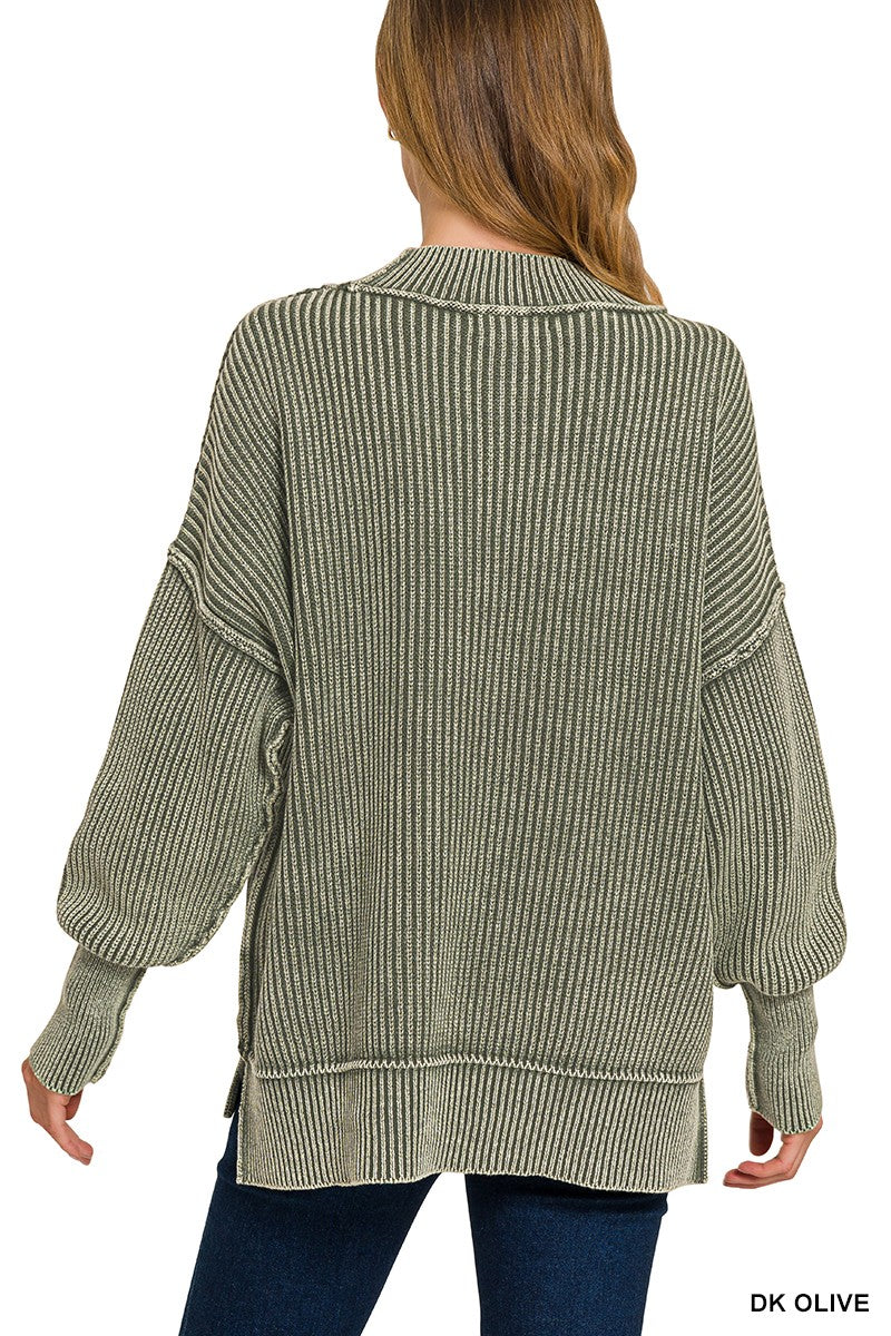 Washed Side Slit Oversized Sweater (Dark Olive or Dark Red)
