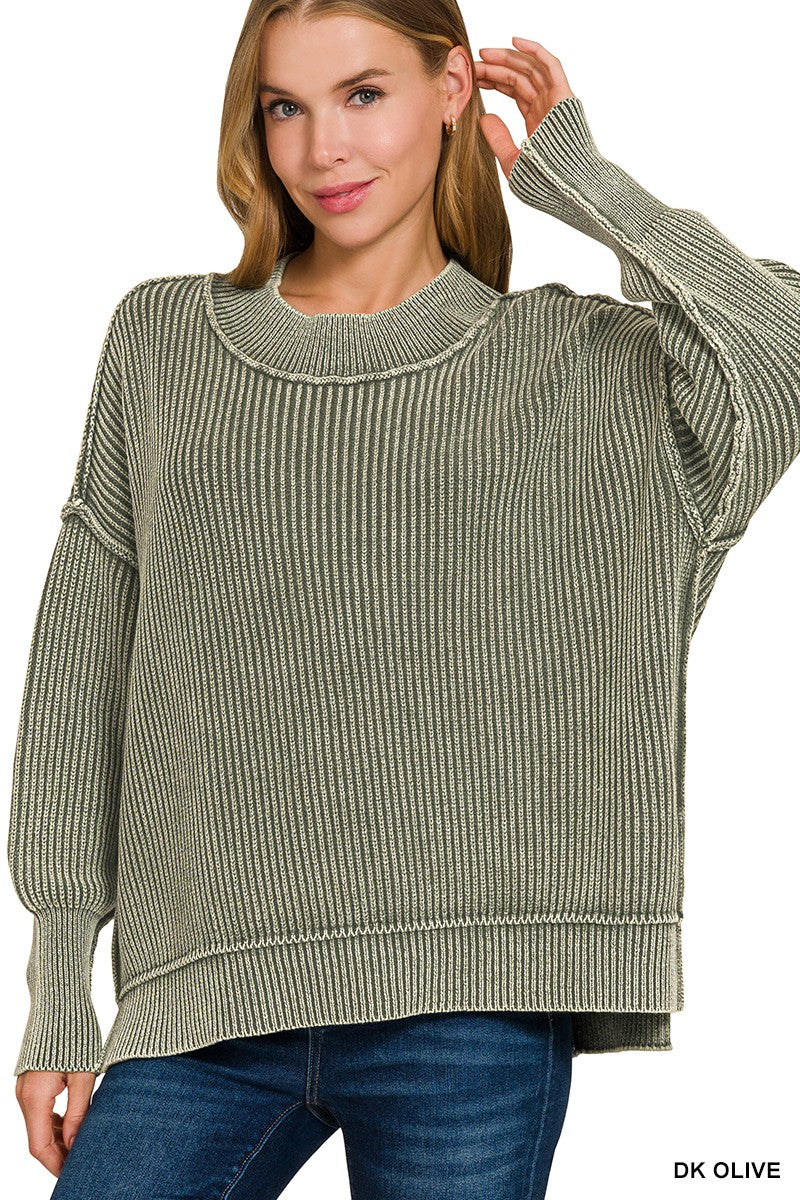 Washed Side Slit Oversized Sweater (Dark Olive or Dark Red)