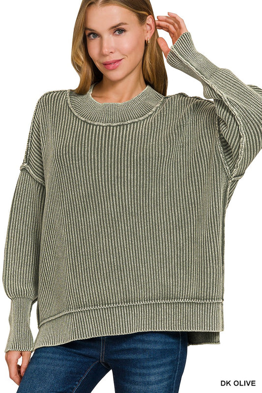 Washed Side Slit Oversized Sweater (Dark Olive or Dark Red)