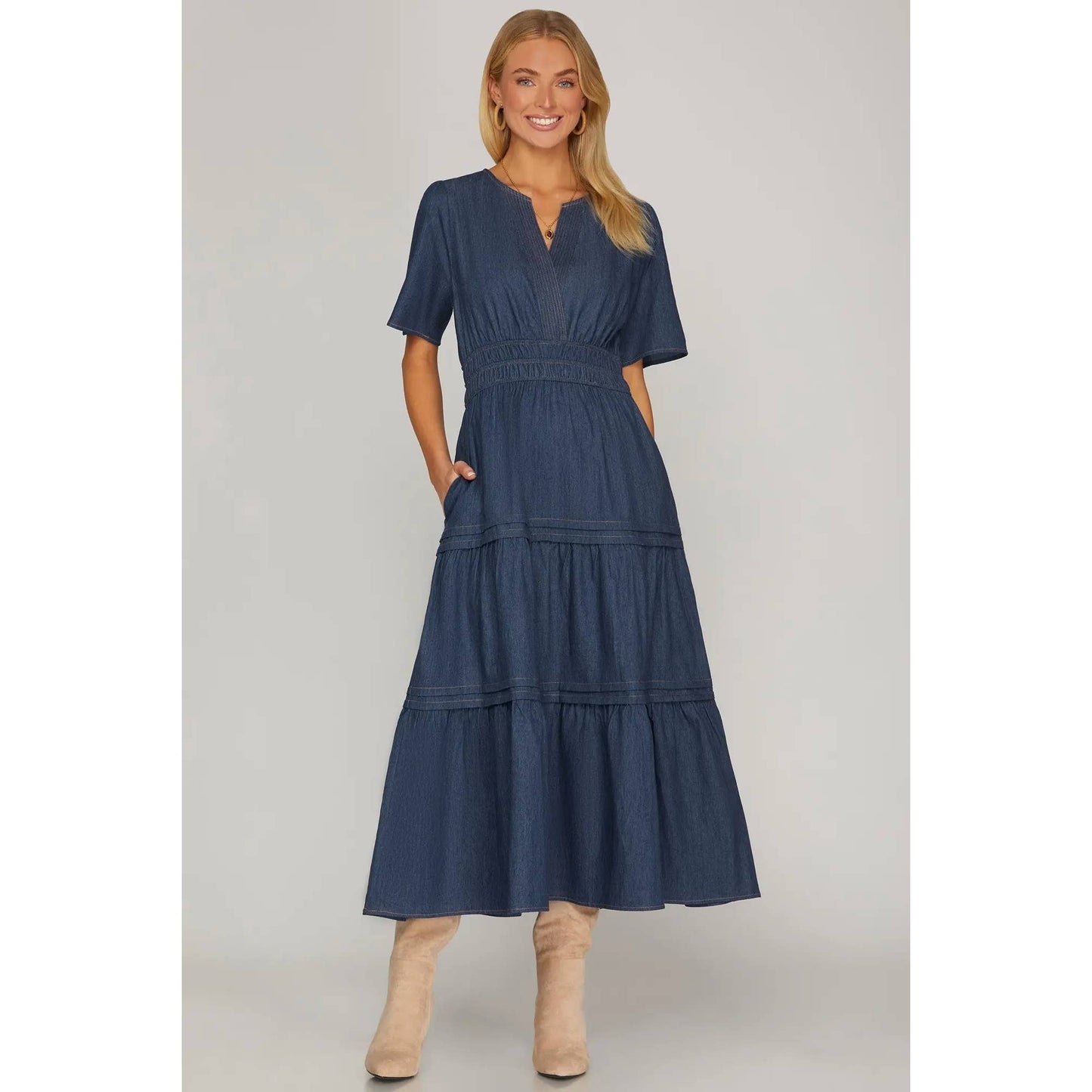 DENIM V NECK TIERED MIDI DRESS