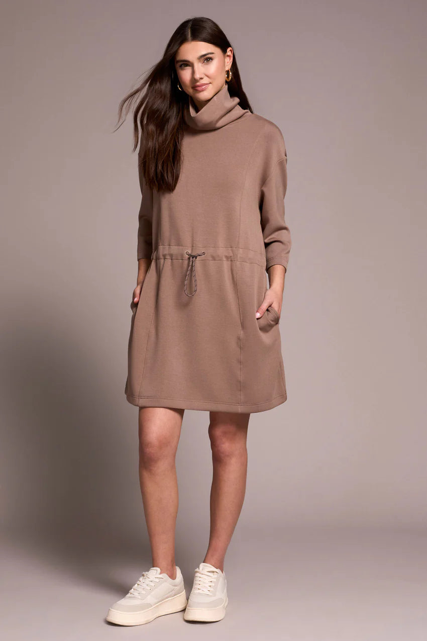 TRIBAL TECHNO LUX 3/4 SLEEVE FUNNEL NECK DRESS WITH DRAWCORD