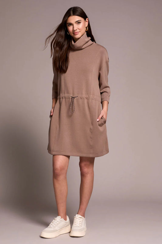 TRIBAL TECHNO LUX 3/4 SLEEVE FUNNEL NECK DRESS WITH DRAWCORD
