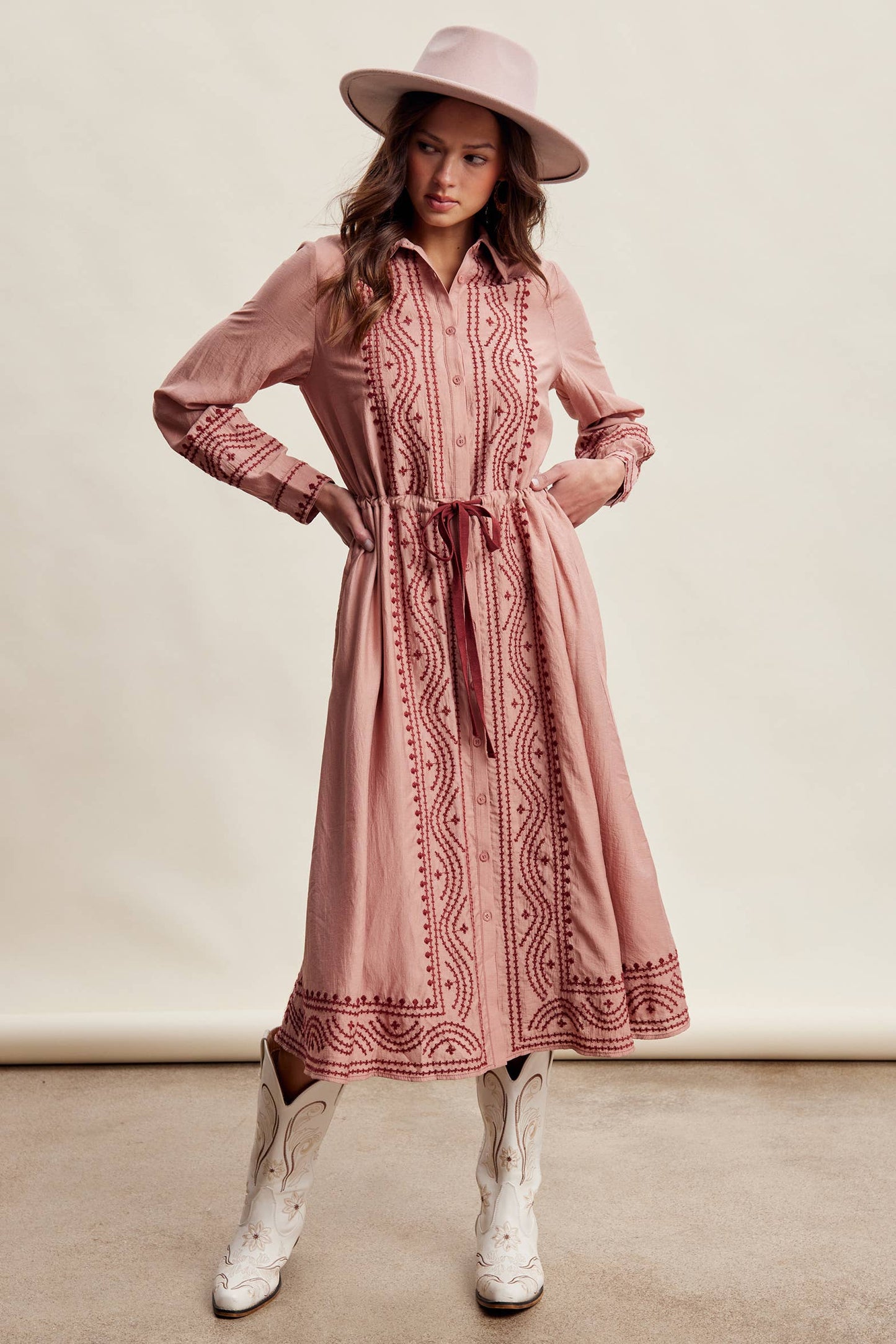Embroidered Button Front Midi