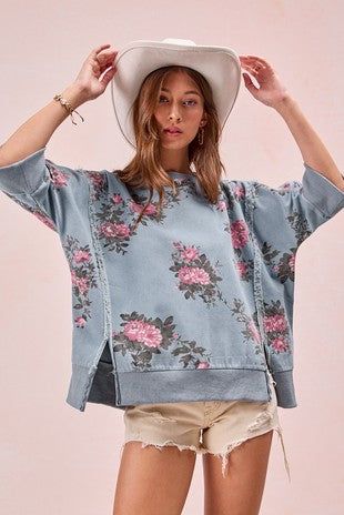 Flower Printed Denim Top
