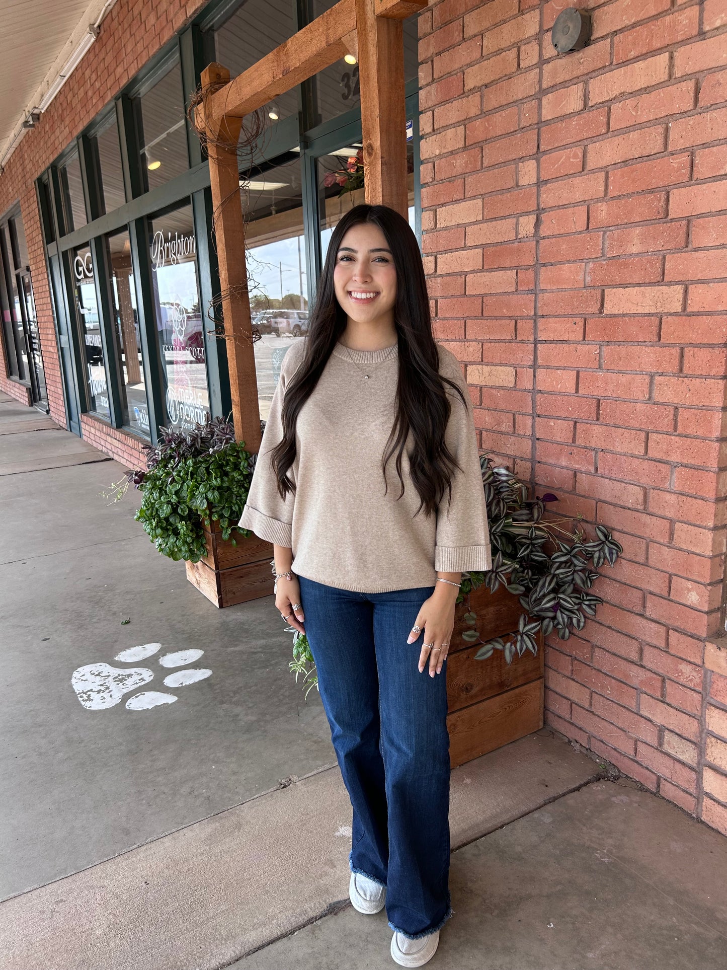 Crewneck Pullover Sweater Knit Top (Beige or Hunter Green)