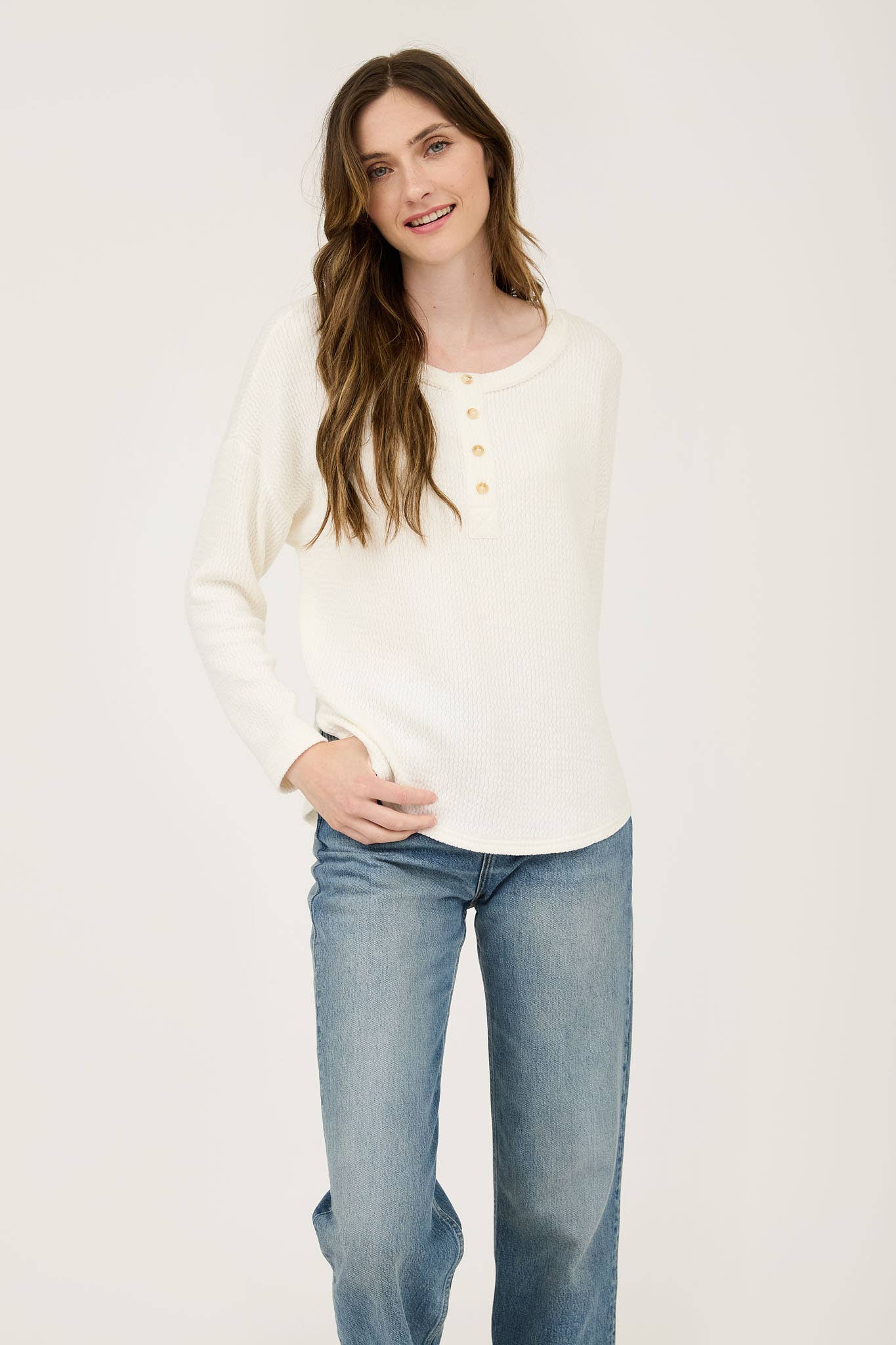 WAFFLE KNIT HENLEY LONG SLEEVE KNIT TOP (3 Colors)